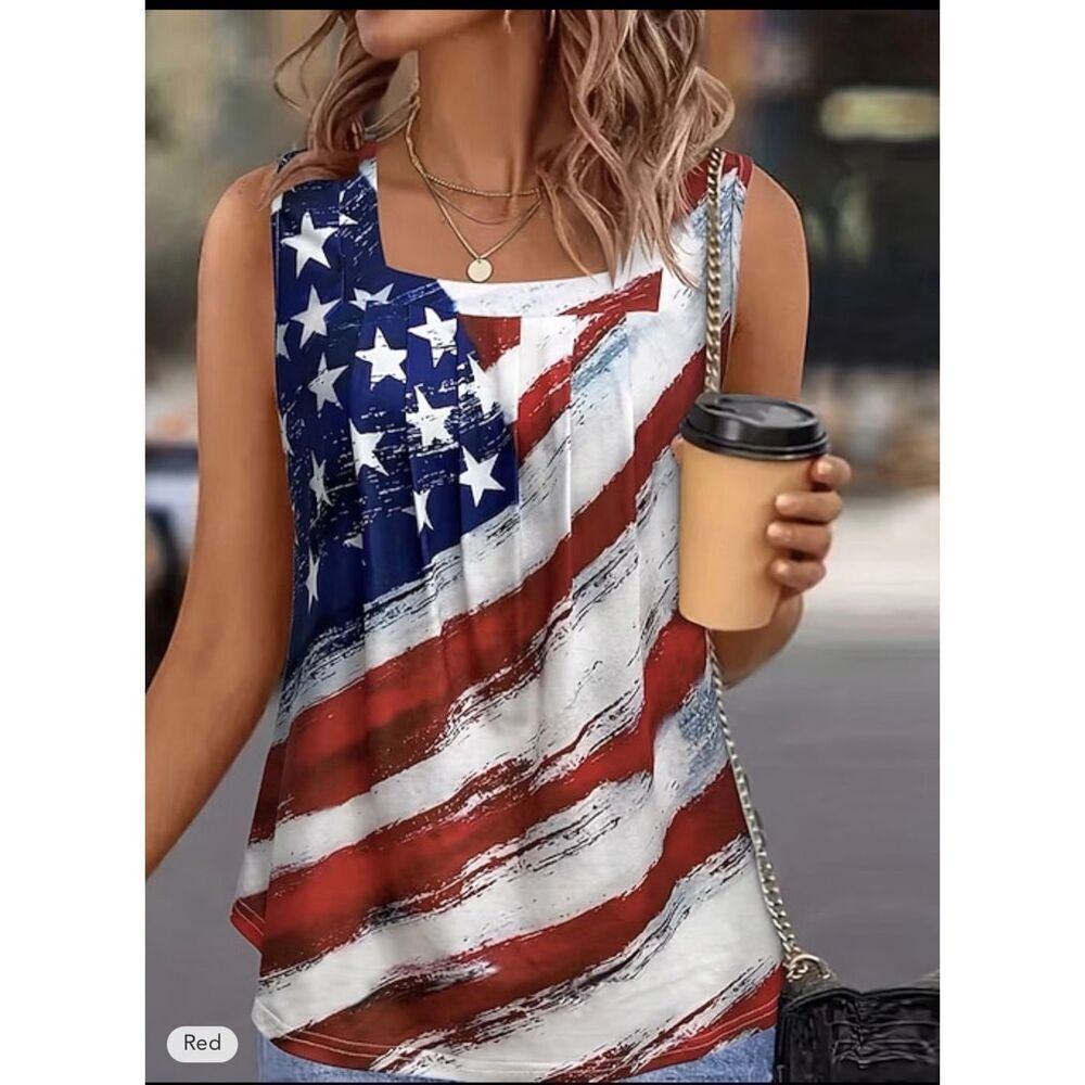 Boutique Red White Blue Flag Square Neck Tank Top XXL NWOT